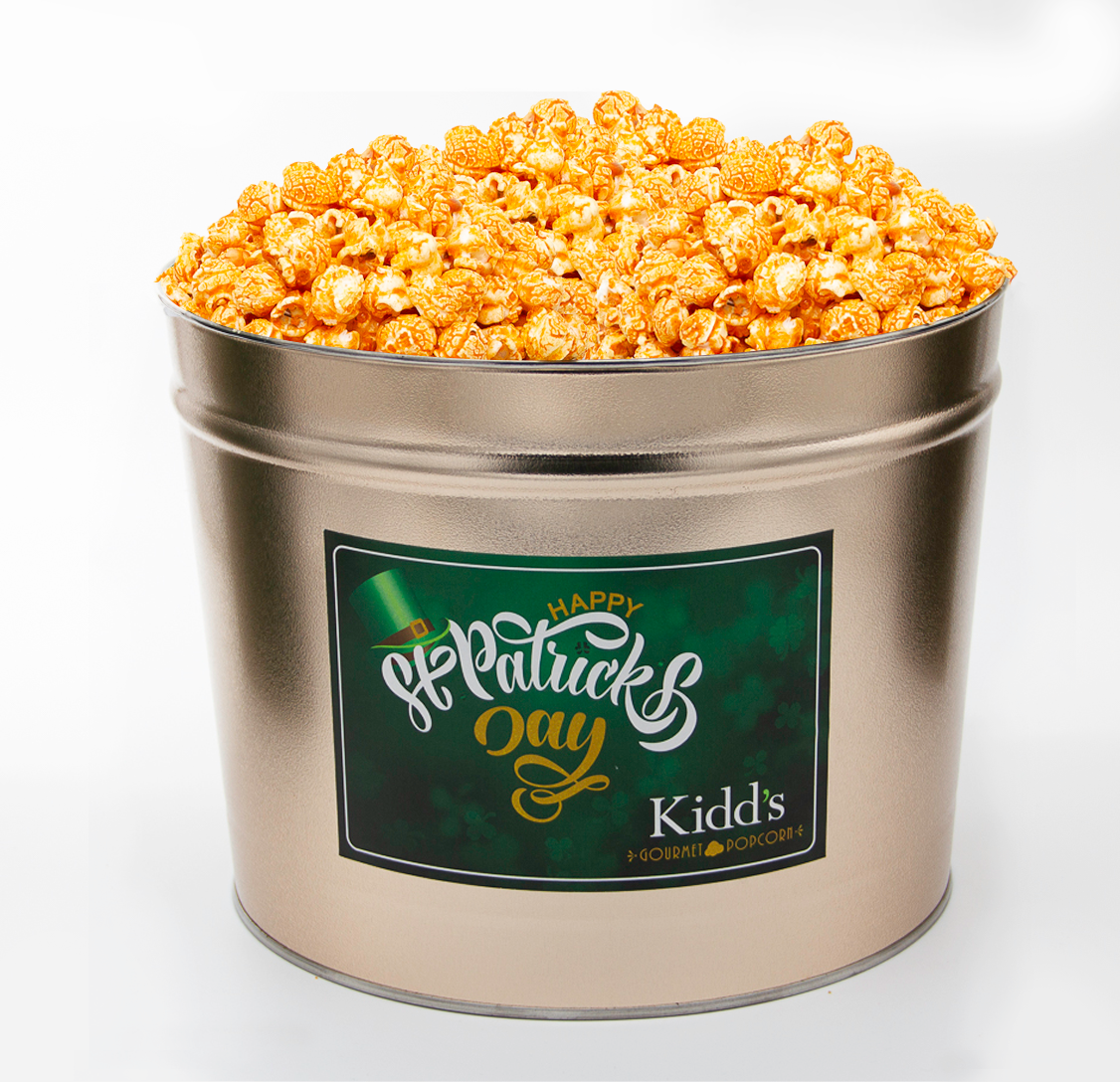 hot & spicy gourmet popcorn in St. Patrick's Day Gold Popcorn Canister.