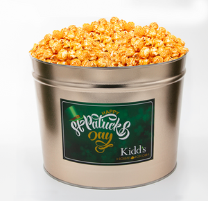 hot & spicy gourmet popcorn in St. Patrick's Day Gold Popcorn Canister.