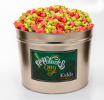 Load image into Gallery viewer, medium st. patrick&#39;s day gold tin filled with red hot cinnamon popcorn mixed with tangy green apple.
