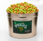 Load image into Gallery viewer, gourmet flavored caramel apple popcorn in a 2 gallon st. patricks day themed tub
