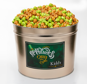 gourmet flavored caramel apple popcorn in a 2 gallon st. patricks day themed tub