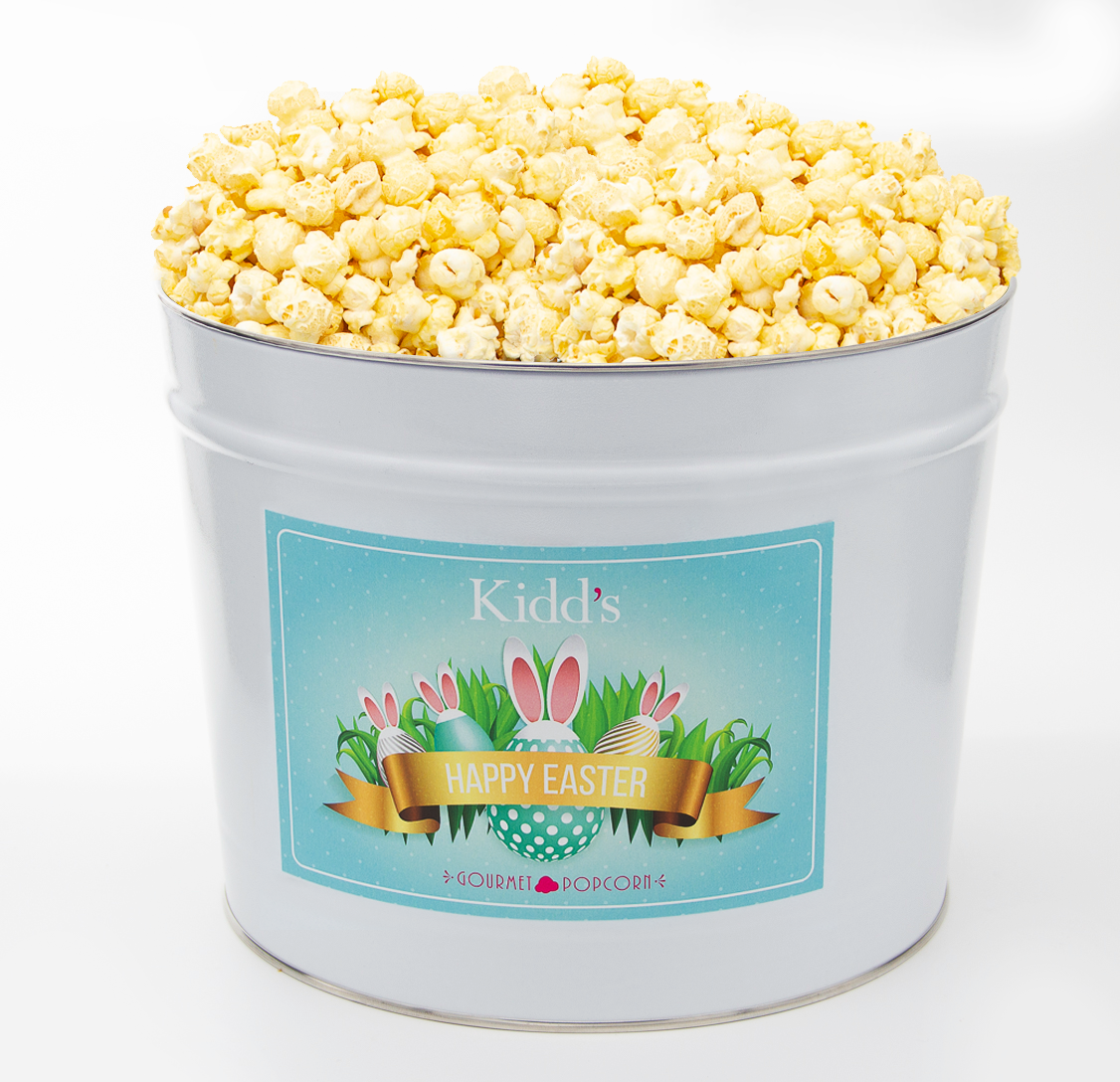 The Best In the National Light and Air White Cheddar Popcorn in shippable medium easter tin. Unique and tasty treat for Easter.