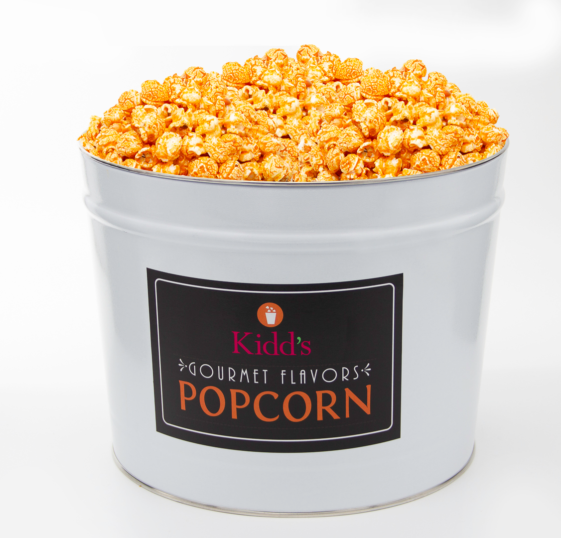 Send Popcorn Online in a 2 gallon White Popcorn Canister filled with Kidd's Pop Shop Popcorn Brand Hot &  Spicy flavor.