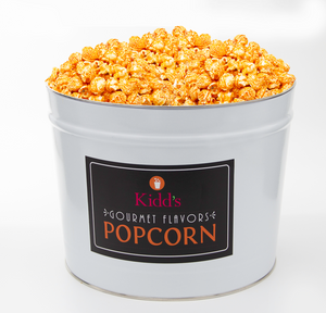 Send Popcorn Online in a 2 gallon White Popcorn Canister filled with Kidd's Pop Shop Popcorn Brand Hot &  Spicy flavor.