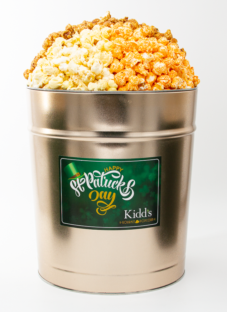 St. Patrick's Day Gift Tin filled with favorite flavors cheddar, white cheddar and the best caramel