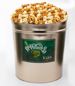 Load image into Gallery viewer, Austin Mix, white cheddar mixed with flavorful caramel in large 3.5 gallon st. Patrick&#39;s Day Gold popcorn bucket
