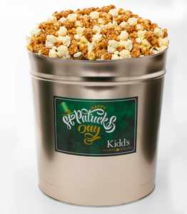 Austin Mix, white cheddar mixed with flavorful caramel in large 3.5 gallon st. Patrick's Day Gold popcorn bucket