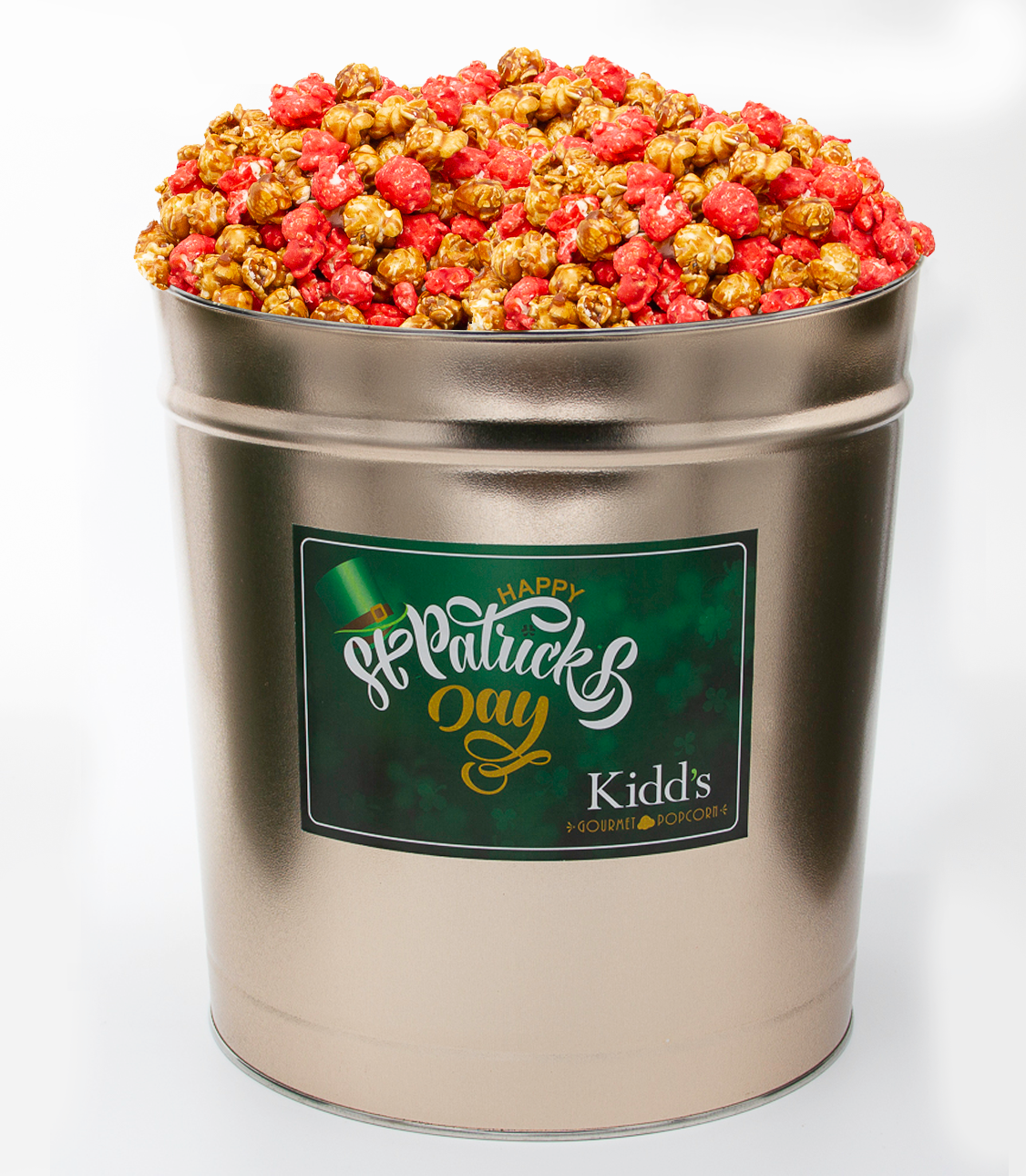 red hot cinnamon combined with sweet caramel corn in 3.5 gallon holiday tin