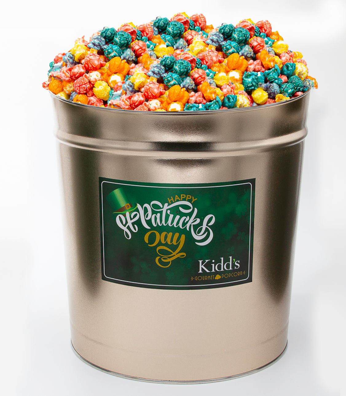 deliverable gourmet popcorn tin st. patrick's day themed filled with rainbow corn in lemon, blue raspberry, grape, orange, vanilla flavors