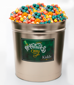 Load image into Gallery viewer, deliverable gourmet popcorn tin st. patrick&#39;s day themed filled with rainbow corn in lemon, blue raspberry, grape, orange, vanilla flavors
