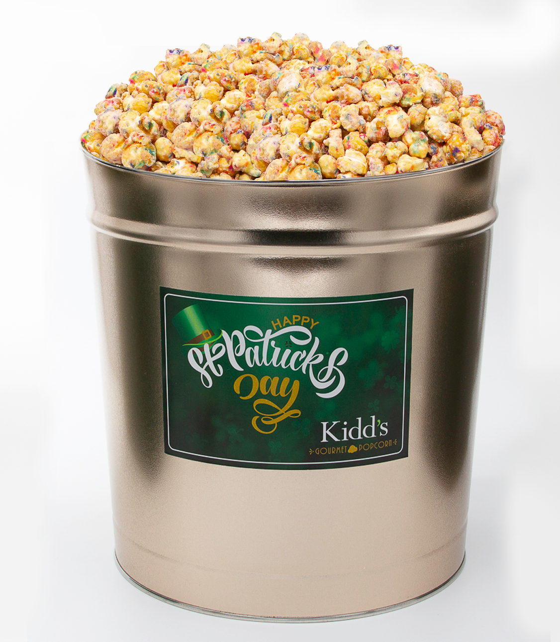 birthday cake popcorn with sprinkles and covered in white chocolate. filled in 3.5 gallon st. patrick's gold gift tin.