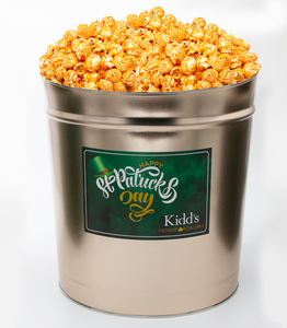 Top Rated Popcorn in Cheddar Cheese flavor. delivered in our st. Patrick's day 3.5 gallon popcorn tin