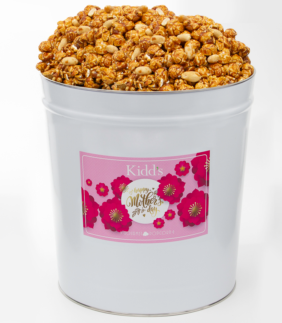 Mother's Day Large White and Pink Popcorn Tin filled with Salty Peanuts, Sweet and Crunchy Caramel Corn in Cracker Jacks Style. Made fresh  and mailed same day as packaged.