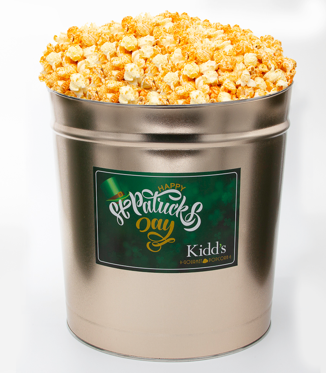 White Cheddar and Cheesey Cheddar Popcorn in shippable St. Patrick's Day themed gold gift tin.