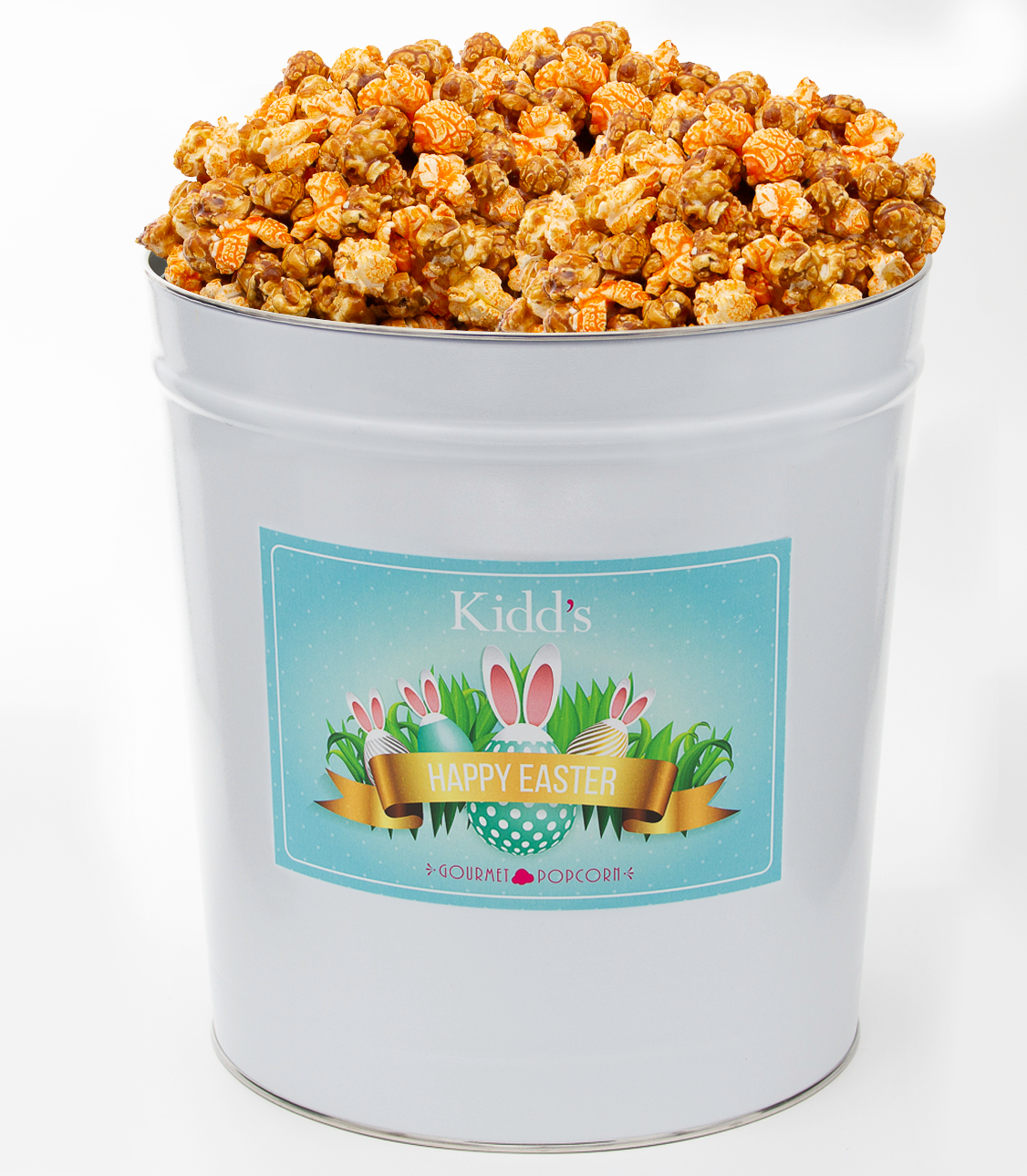 Large Easter Gift Basket Popcorn Tin filled with award winning caramel popcorn and cheesy sharp cheddar, Chicago Mix Popcorn. Perfect for Easter Egg Hunts..