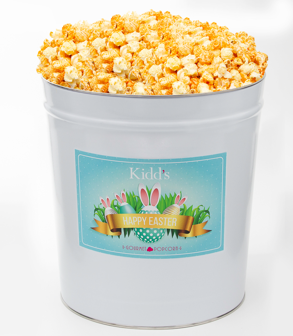 Shippable Easter Popcorn Basket filled with Cheddar and White Cheddar Cheese for large parties and easter egg hunts.