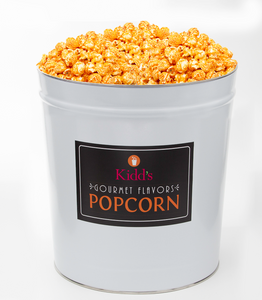 Deliver a gourmet popcorn gift of Hot & Spicy Flavored Popcorn in Signature White and Black 3.5 gallon popcorn tub.