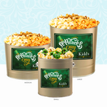 Load image into Gallery viewer, St. Patrick&#39;s day Gold tins in 1 gallon, 2 gallon and 3.5 gallon with Gourmet Popcorn in Caramel, Cheese, White cheddar and seasonal Butterscotch with white chocolate drizzle.
