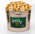 Load image into Gallery viewer, the best caramel and creamy white cheddar popcorn mix in shippable gold st. patrick&#39;s day popcorn tub.
