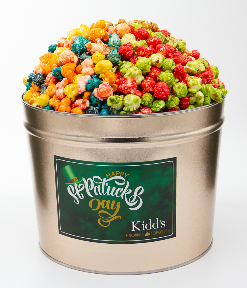 2 gallon St. Patrick's Day pop-corn tin delivered to your door filled with confetti, cinnamon apple and the best caramel. 