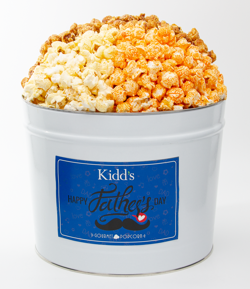 Best Selling 2 Gallon Gourmet Popcorn tin for Father's Day. three flavors White Cheddar, Cheddar and Caramel