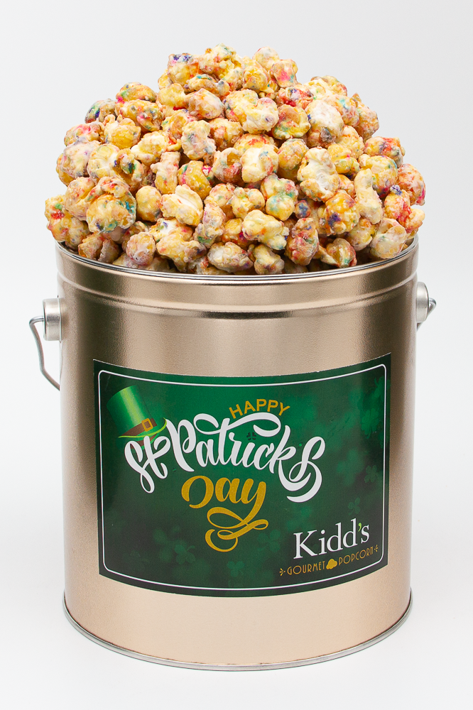 Sweet Birthday Cake Popcorn coated in white chocolate in 1 gallon St. Patrick's Day Holiday Tin.