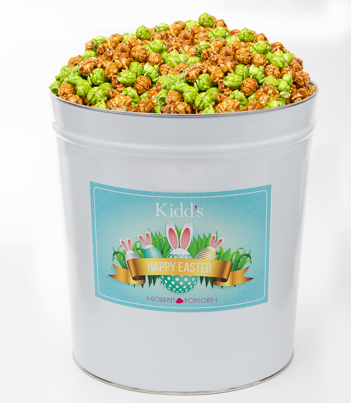 shop large, 3.5 gallon deliverable Easter Basket Gift tin filled with award winning caramel and green apple flavored popcorn.