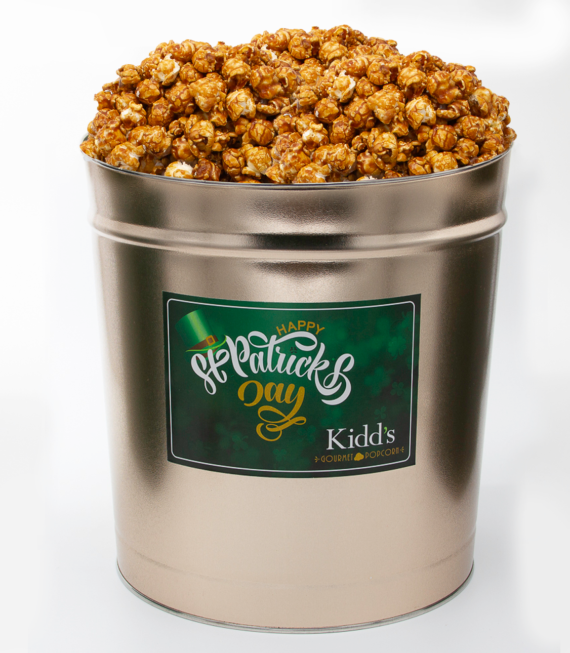 mail award winning caramel gourmet popcorn in large Gold St. Patrick's Day popcorn canister.