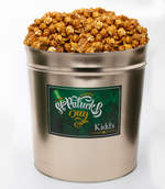 Load image into Gallery viewer, mail award winning caramel gourmet popcorn in large Gold St. Patrick&#39;s Day popcorn canister.
