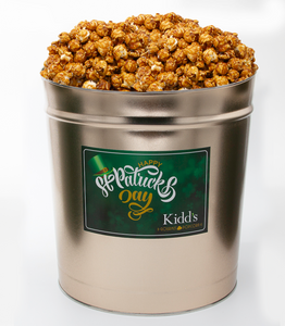 mail award winning caramel gourmet popcorn in large Gold St. Patrick's Day popcorn canister.