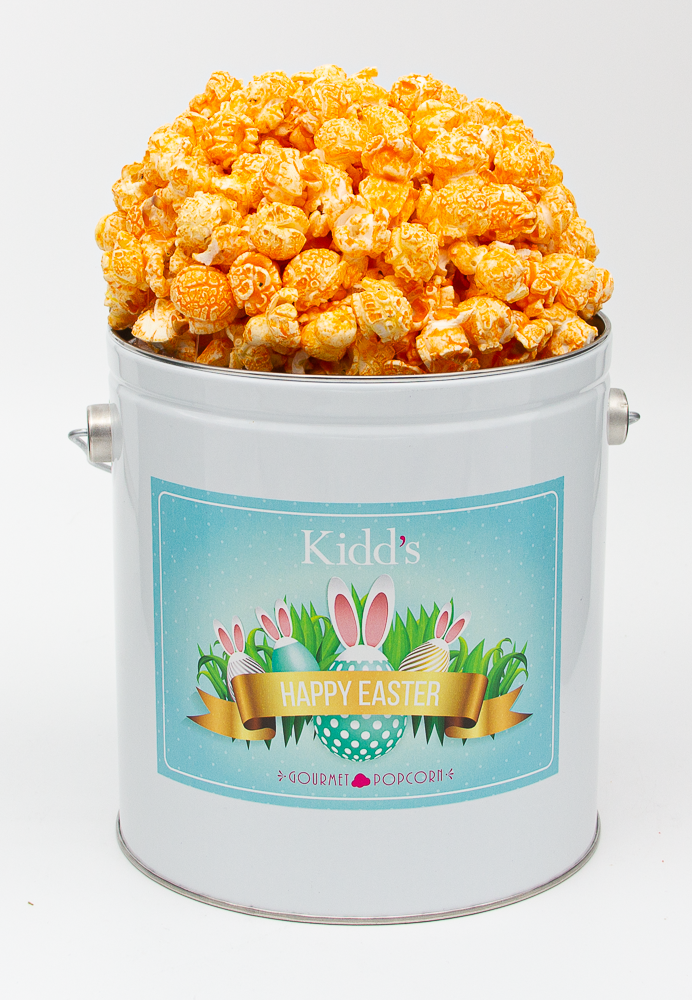 Gourmet Easter Gift Basket filled with kernels of fresh cheddar cheese popcorn.