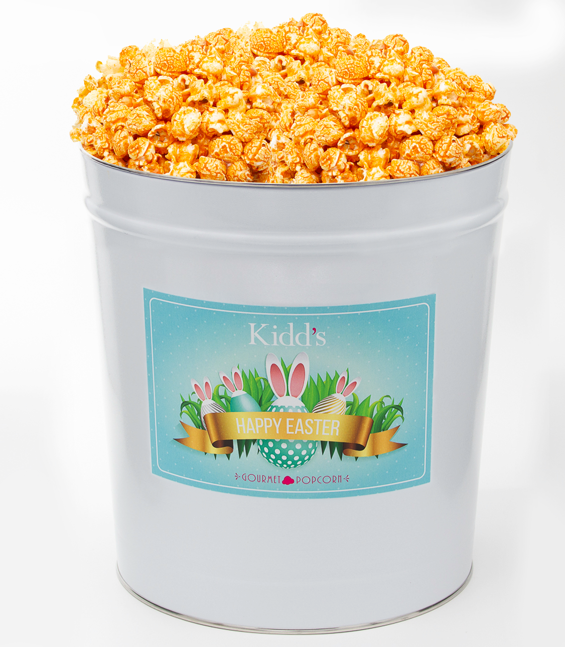 Famous Cheddar Cheese Gourmet Popcorn Made with Real Ingredients sold online in large Easter Basket Gift Tin.