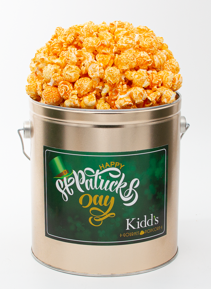 Fresh Cheddar cheese popcorn for sale in 1 gallon st. Patricks Day popcorn tin