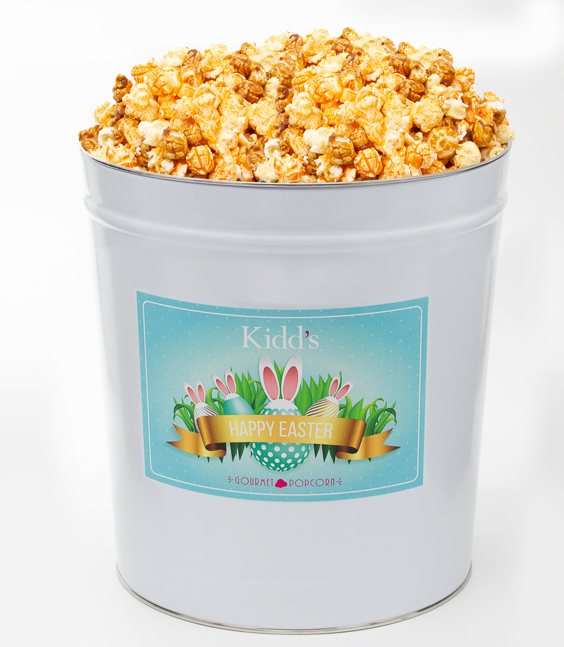 Our Most Popular Gourmet Popcorn Mix of Cheesy Cheddar, Light White cheddar and sweet caramel filled in our Easter Themed Basket. 