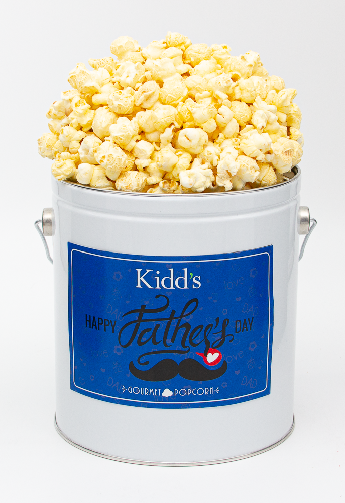 white cheddar gourmet popcorn in 1 gallon fathers day tin. best selling savory flavor that is delivered free shipping