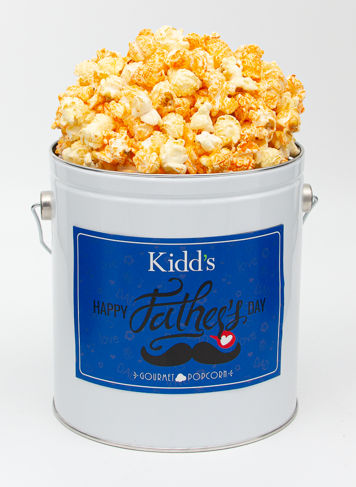 small tin for father's day of white cheddar and cheesy cheddar mixed together. any dad would love this mix.