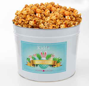 Famous Cheddar and Caramel Popcorn in medium popcorn tin. Perfect for Easter family gatherings.