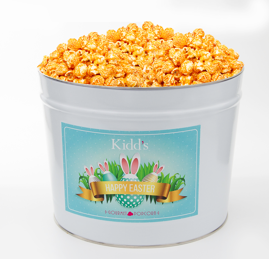 Gourmet Popcorn with heat. 36 cups of Hot & Spicy gourmet popcorn in easter egg hunt tin.