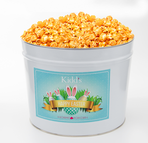 Gourmet Popcorn with heat. 36 cups of Hot & Spicy gourmet popcorn in easter egg hunt tin.