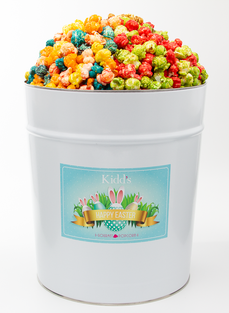 Large Easter Gift Tin with our three best sweet flavors. Confetti, Rainbow popcorn, Cinnamon Apple and Caramel.