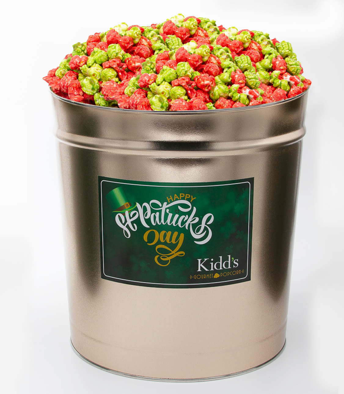 mail Popular Cinnamon Apple Gourmet Popcorn in St. Patrick's Day Gift Tin.