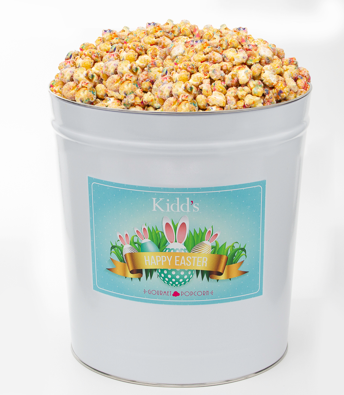 The best White Chocolate Birthday Cake Popcorn in Large Easter Basket Tin that last in pantry for weeks.