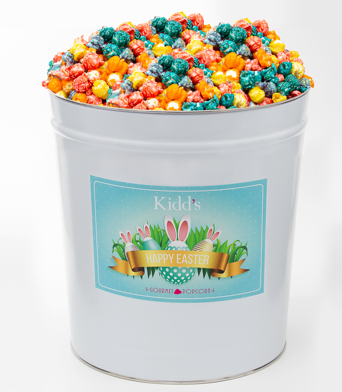 Large Easter Basket tin filled with Rainbow popcorn in Blue Raspberry, Grape, Vanilla, Lemon and Orange.