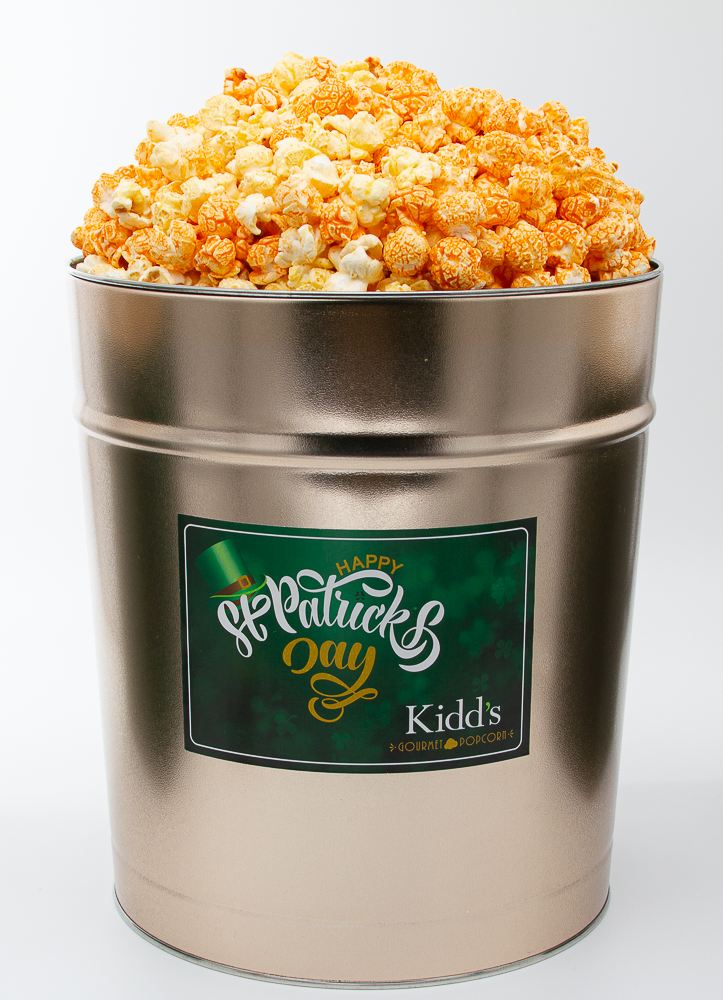 3.5 Gallon Gold St. Patrick's Day Popcorn tub filled with 3 flavors - Buffalo Ranch, Cheddar and Cheddar, Hot &  Spicy.