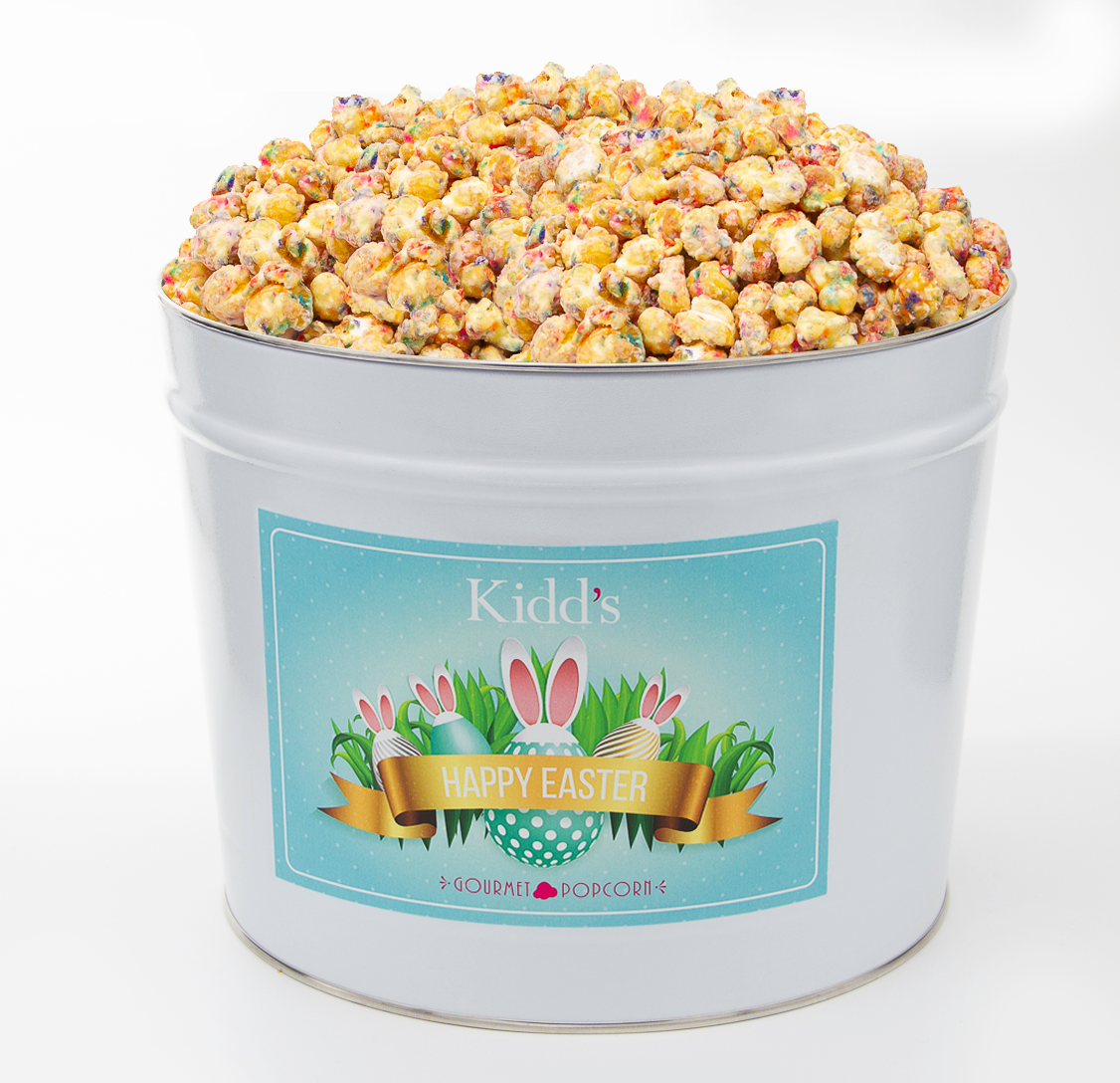 White Chocolate and sprinkles covered Birthday Cake Popcorn. Amazing flavor and color filled in a reusable medium Easter Bucket. 