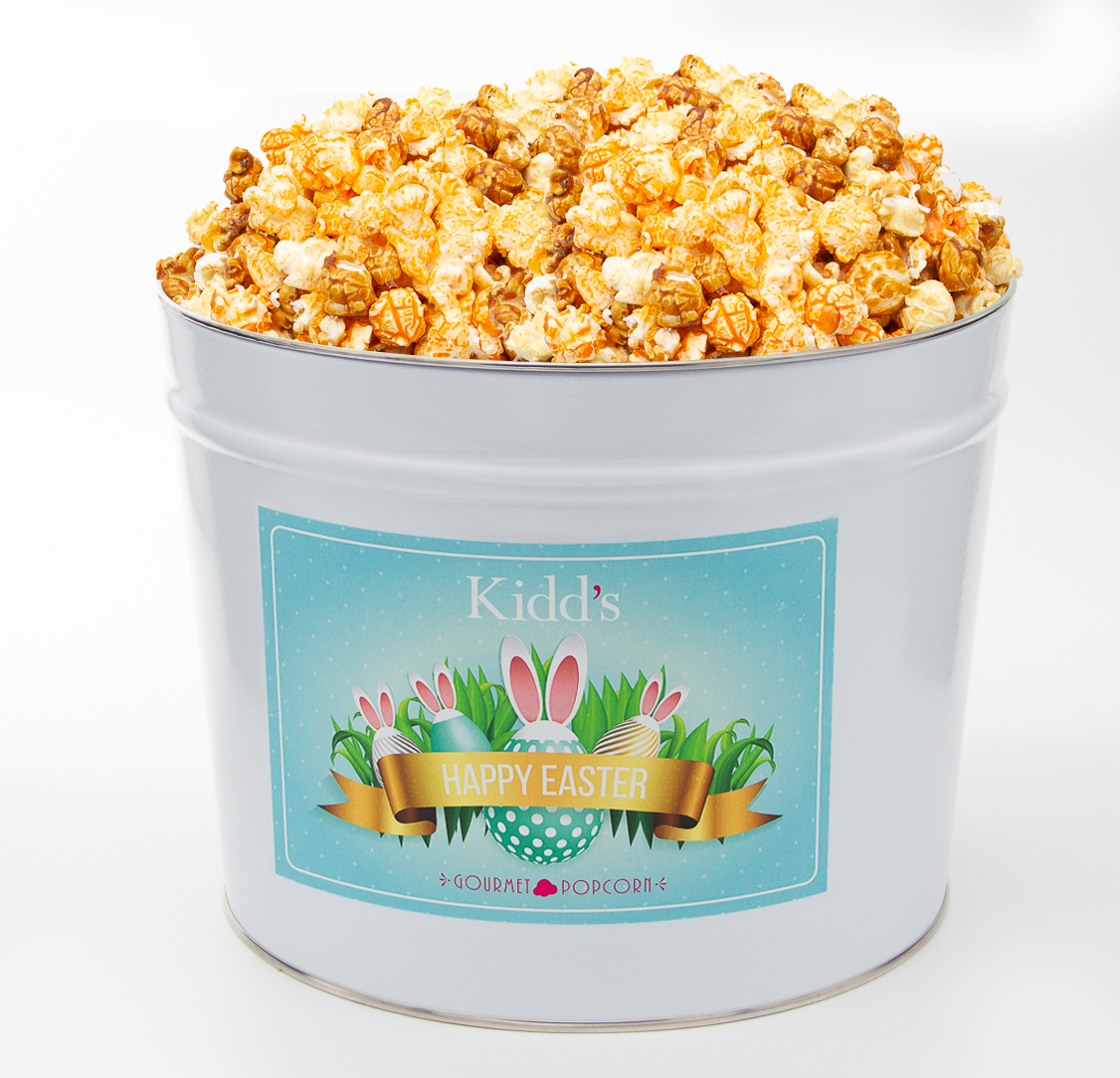 All three of our best flavors Cheddar, White Cheddar and Sweet, buttery caramel corn mixed together in medium Easter Tin for events and parties.