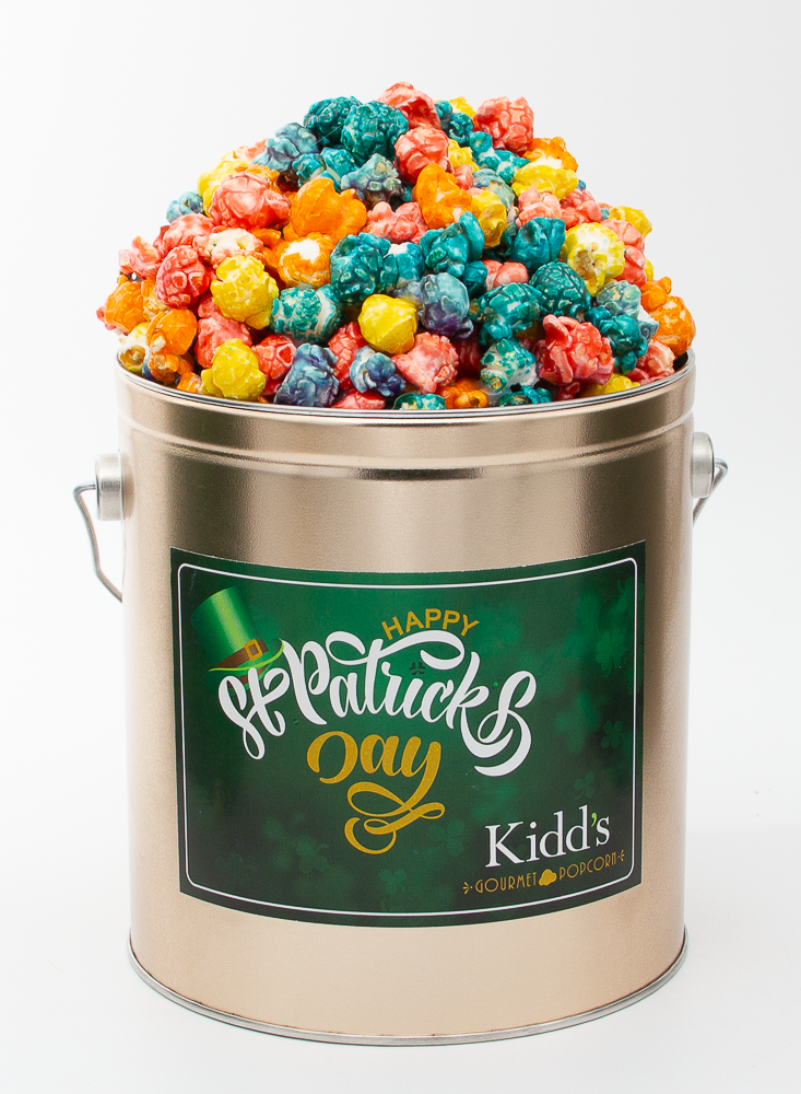 Kidd's Pop Shop Brand Rainbow popcorn filled in holiday 1 gallon St. Patrick's Day tin. Yellow, Pink, Purple, Blue and Orange colors.