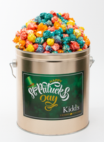 Load image into Gallery viewer, Kidd&#39;s Pop Shop Brand Rainbow popcorn filled in holiday 1 gallon St. Patrick&#39;s Day tin. Yellow, Pink, Purple, Blue and Orange colors.
