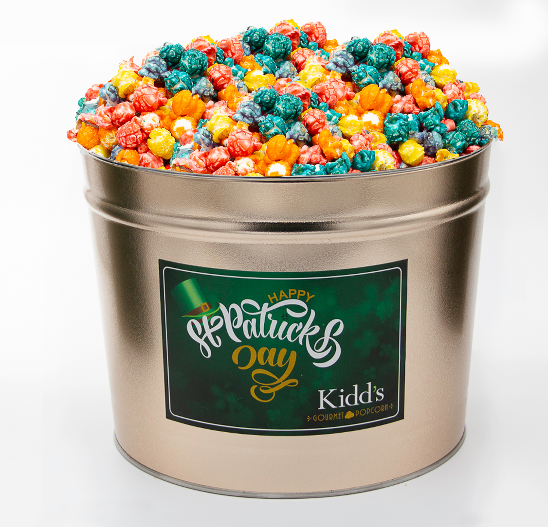 medium St. Patrick's Day deliverable popcorn tin filled with popular rainbow corn. Lemon, Orange, Grape, Blue Raspberry, vanilla flavors.