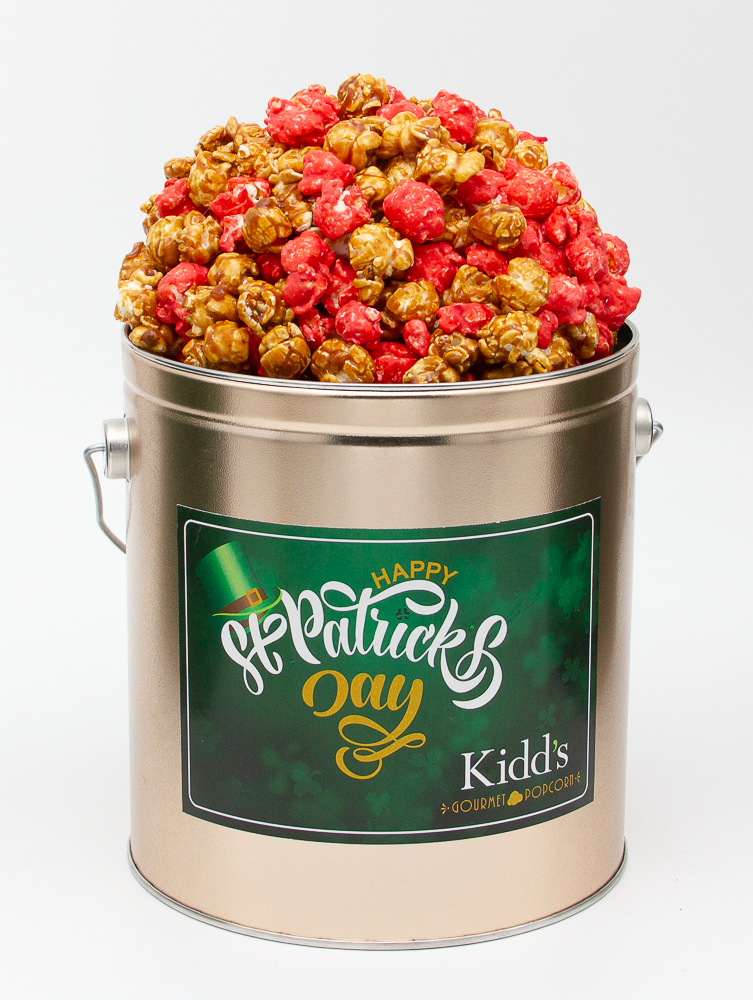 Small St. Patrick's Day popcorn gift tin for sale in red hot cinnamon and top rated caramel.